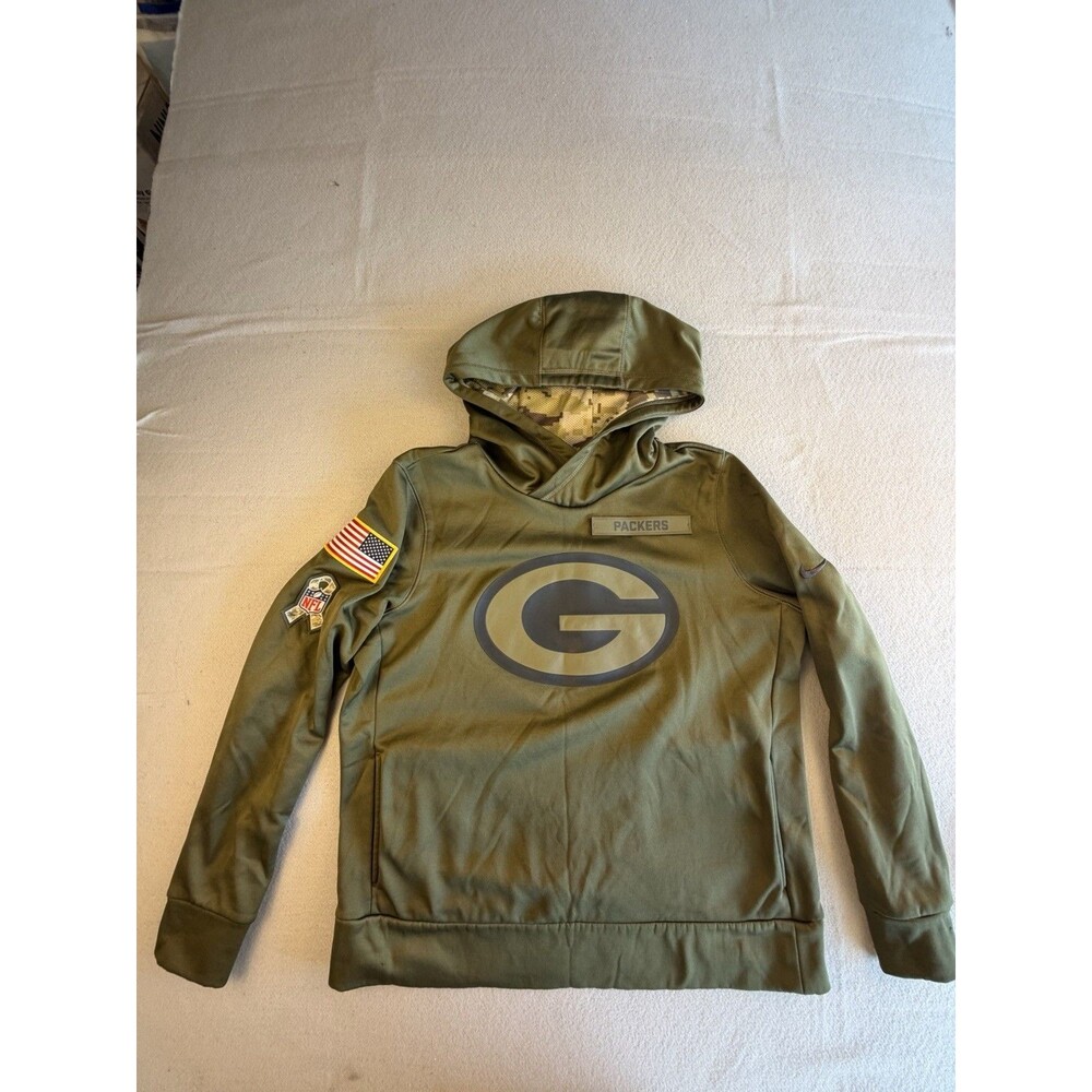 Nike Boys L Green Bay Packers Green Fleece Pullover Hoodie Embroidered Logo
